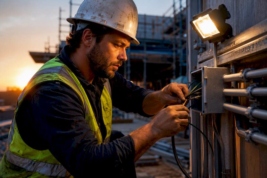 Electrician wiring conduit at construction site