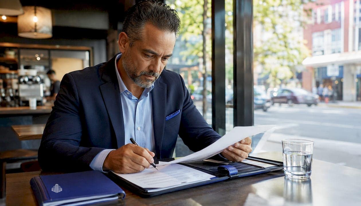 Business owner reviewing asset-based credit documents