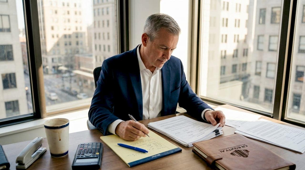 Businessman reviewing loan documents in corner office
