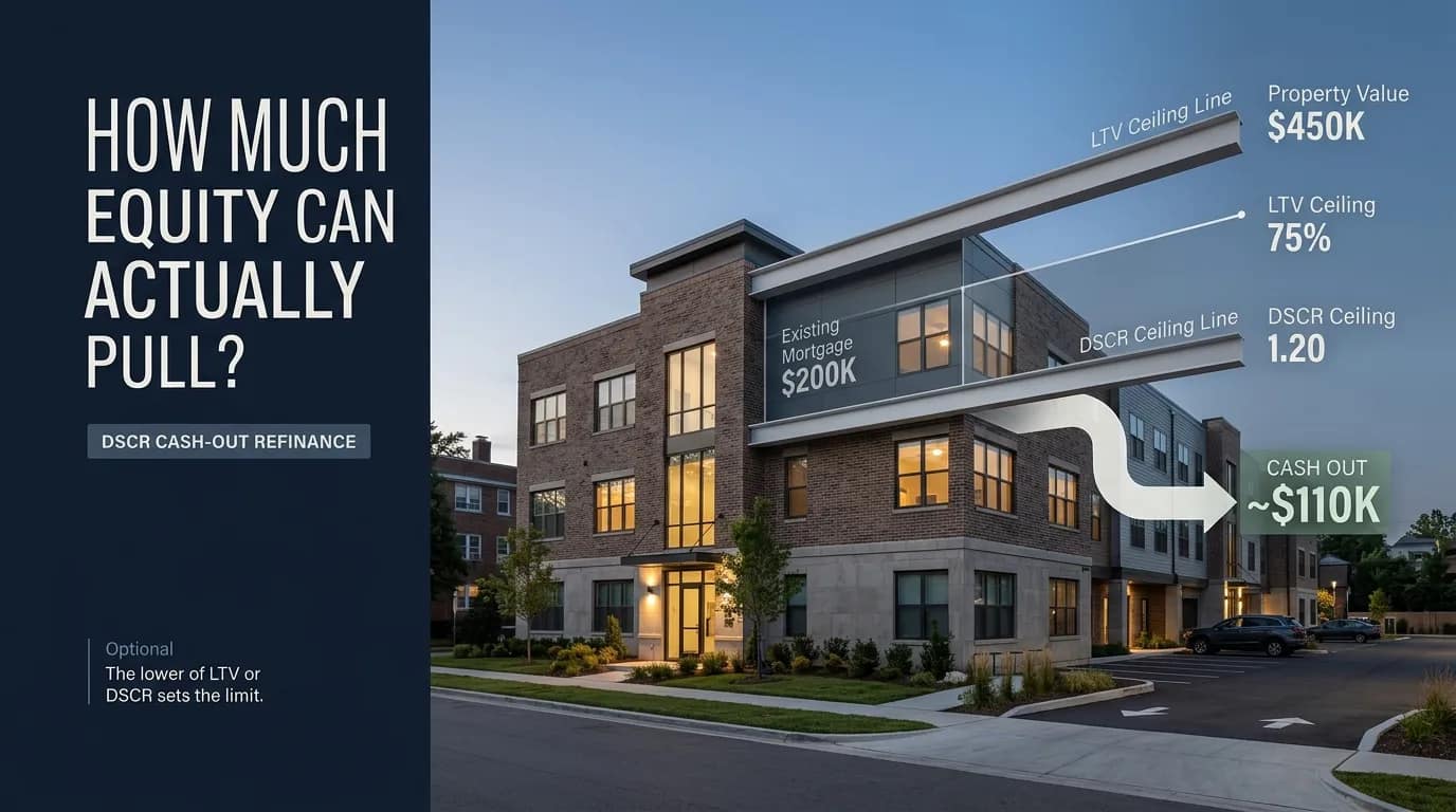 DSCR cash-out refinance explained, including how much equity investors can access based on property value, loan-to-value, and lender requirements.
