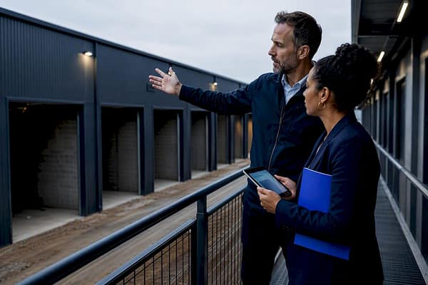 Developer and lender reviewing storage construction site