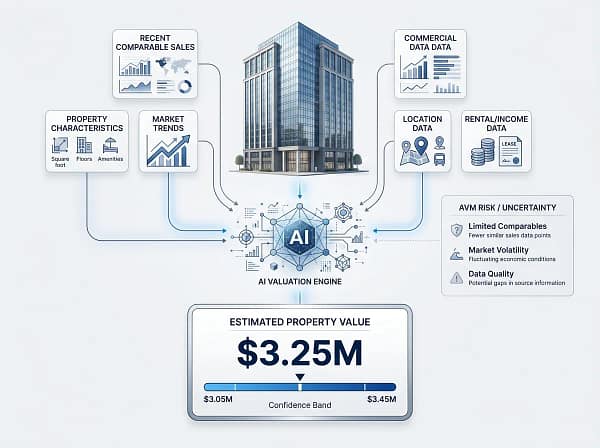 Automated valuation models showing AI property valuation, confidence bands, and AVM risk