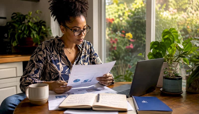 Entrepreneur reviewing investment proposal at desk