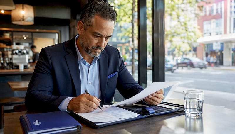 Business owner reviewing asset-based credit documents