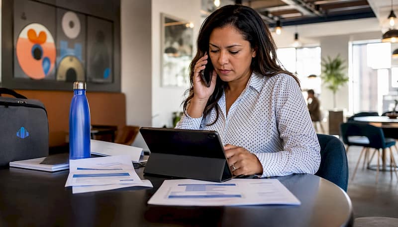 Subto Lender Communication Best Practices for CRE Lenders 9 Lender speaking on phone reviewing loan documents