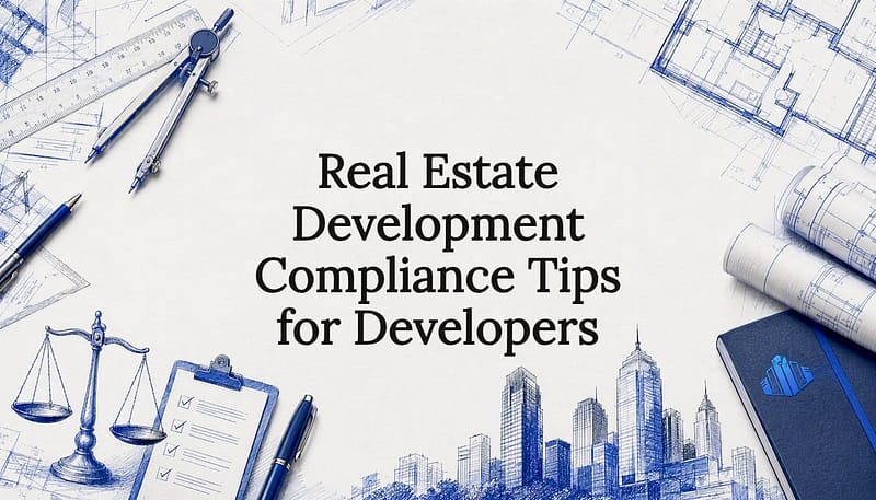 Real Estate Development Compliance Tips for Developers 8 Decorative title card illustration with compliance-themed sketches