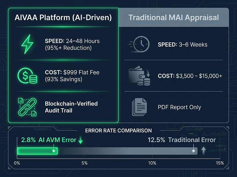 AIVAA vs. MAI Appraisal: AI Collateral Valuation at $999 in 24h 5 AIVAA AI-driven collateral valuation vs. traditional MAI appraisal — comparative analysis