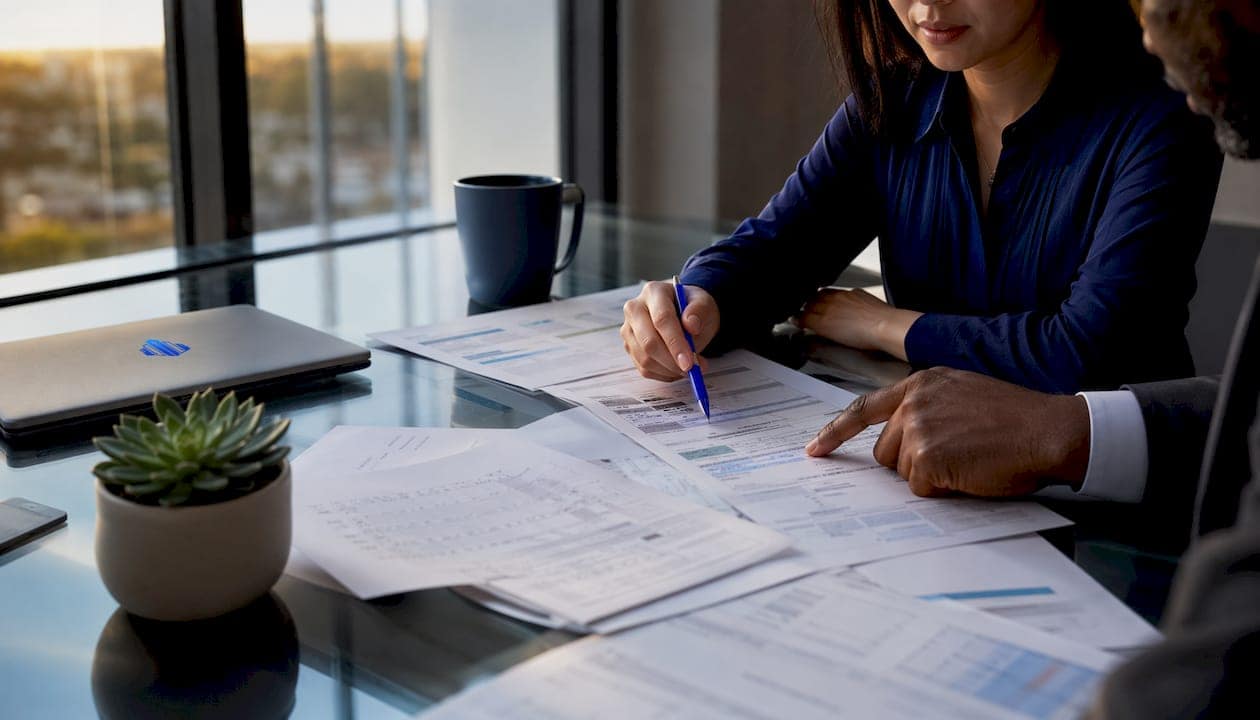 Close-up of hands working on invoices and finances