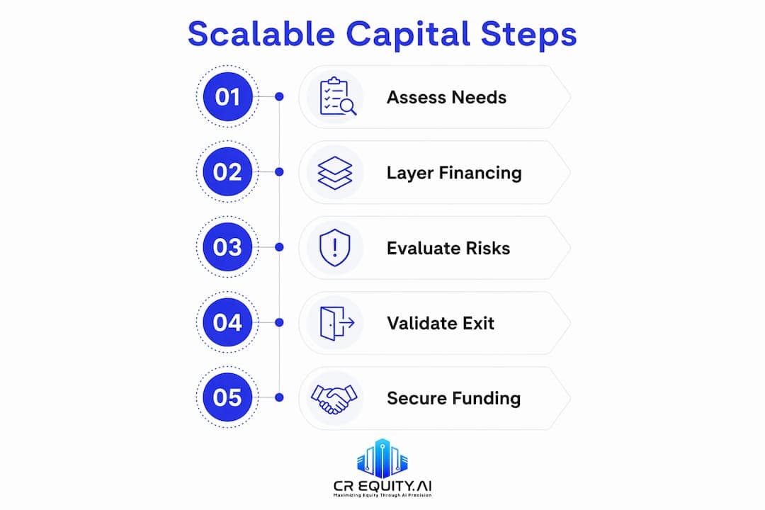 Infographic illustrating steps in scalable capital solutions