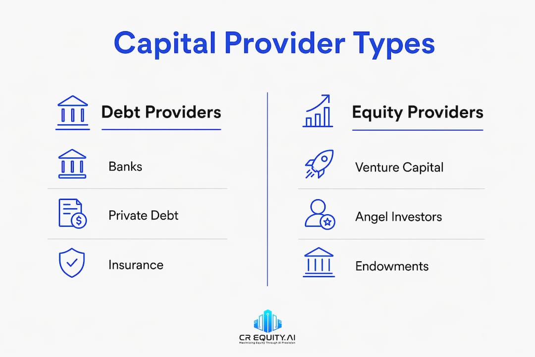Capital Provider Explained: A U.S. Entrepreneur's Guide 1 Infographic comparing debt and equity capital providers