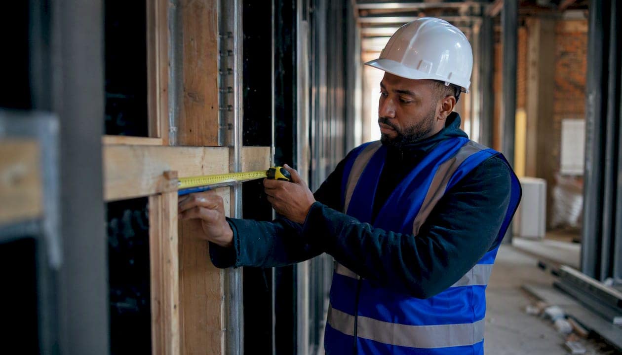 Investor measuring walls at rehab construction site