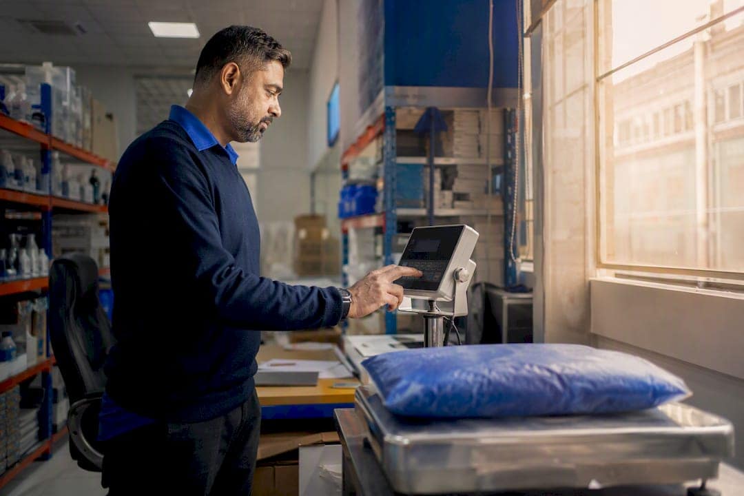 Business owner adjusting industrial scale