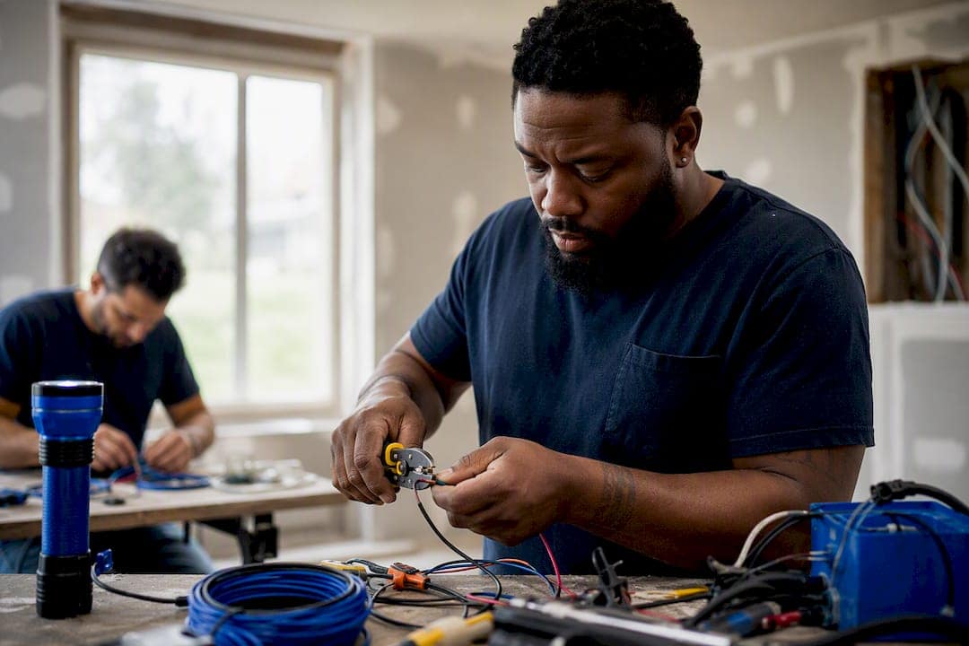 Business owner wiring electrical connections at renovation site