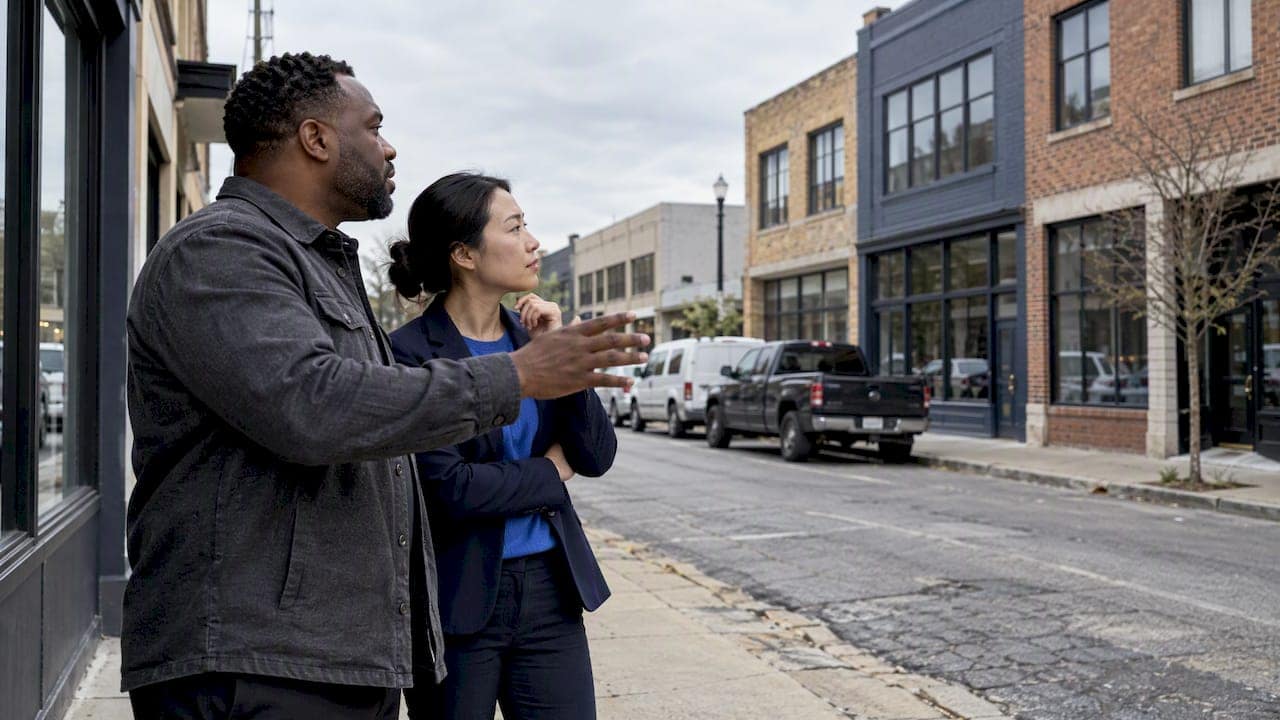 Professionals comparing nearby commercial properties
