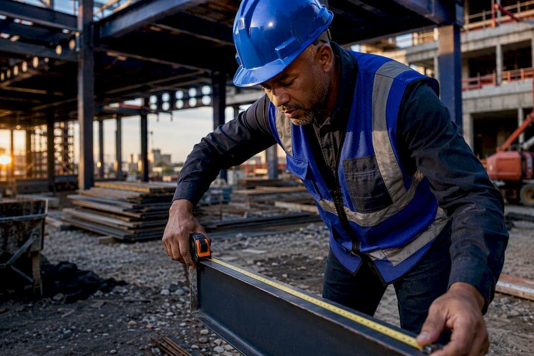 Investor measuring steel beam at construction site