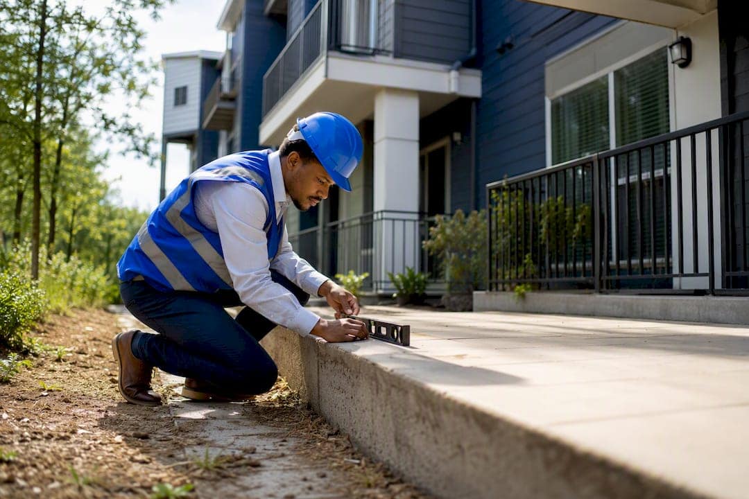 Lender inspecting property structure with level tool