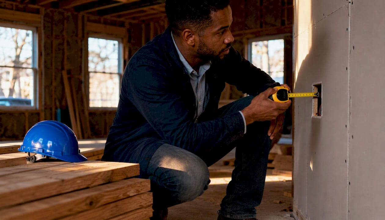 Investor measuring drywall at renovation site