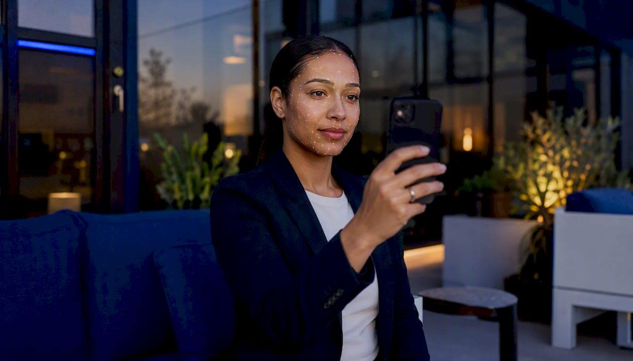 Person performing biometric facial scan on smartphone
